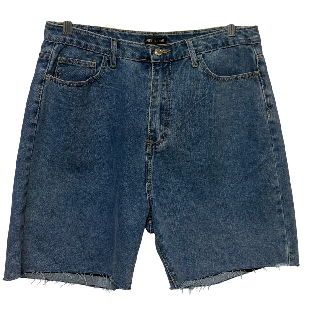 PrettyLittleThing Womens High Waisted Raw Hem Denim Bermuda Shorts Blue Size 12